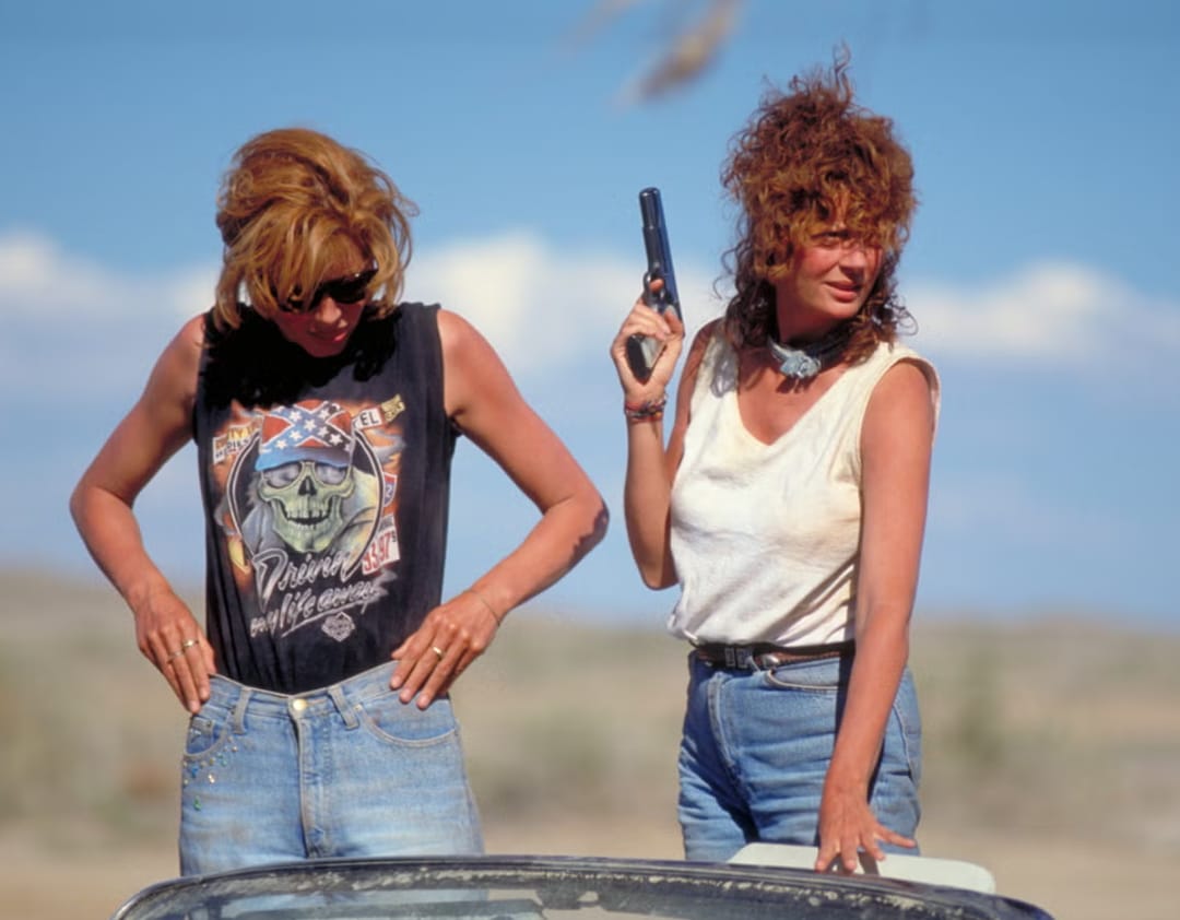 In Thelma &amp; Louise (1991), Thelma spends the final scenes of the movie wearing a shirt that says "Driving My Life Away" (explanation in comments) #movie #MovieDetails